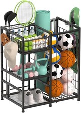 Garage Sports Equipment Organizer Ball Storage Rack w/Elastic Straps  4 Hooks