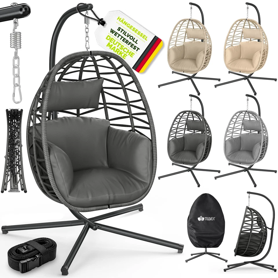 tillvex® Hängesessel mit Gestell Indoor Outdoor Hängestuhl mit Kissen Kängekorb - Bild 1 von 1