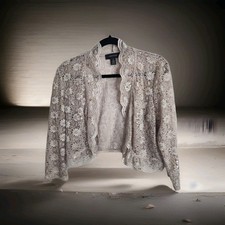 R & M Richards Champagne Lace Shrug/Bolero Scalloped Sequined, Wedding M 49994