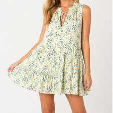 AQUA Yellow Blue Floral Tiered Mini Dress Ruffle Tie Neck Sleeveless Small Flaw