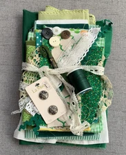 Slow Stitch Fabric Craft Pack Kit 30 Pc Green Vintage Buttons Lace Thread Doily