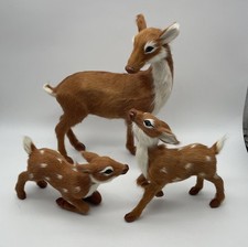 Vtg Fur Deer Figurines Brown Realistic Decor Doe 2 Fawns Shelf Sitters Figures