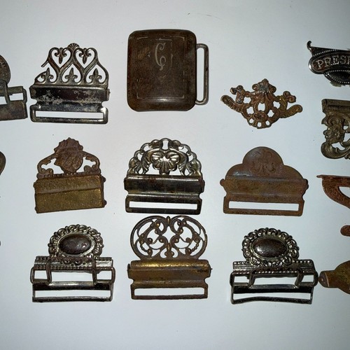 19pc Antique Victorian Gents Suspender Buckle Lot Brass Nickel Filigree 1892 Pat - Picture 3 of 7
