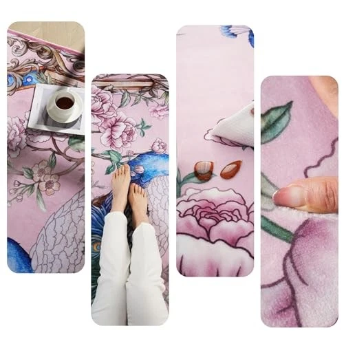 Круглый моющийся круглый ковер 4 фута нескользящий низкий ворс цветочный павлин животное - Изображение 4 из 4