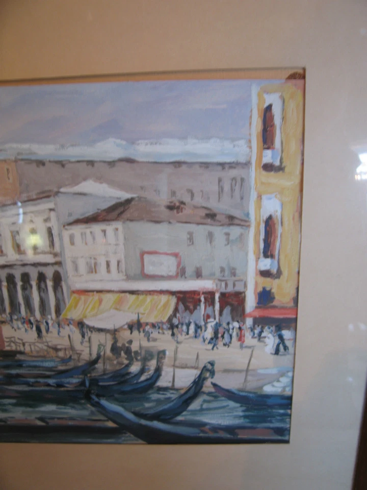 Pintura Acuarela Firmada de Barcos y Ciudad/Arquitectura Probablemente De Colección Foto 3 de 4