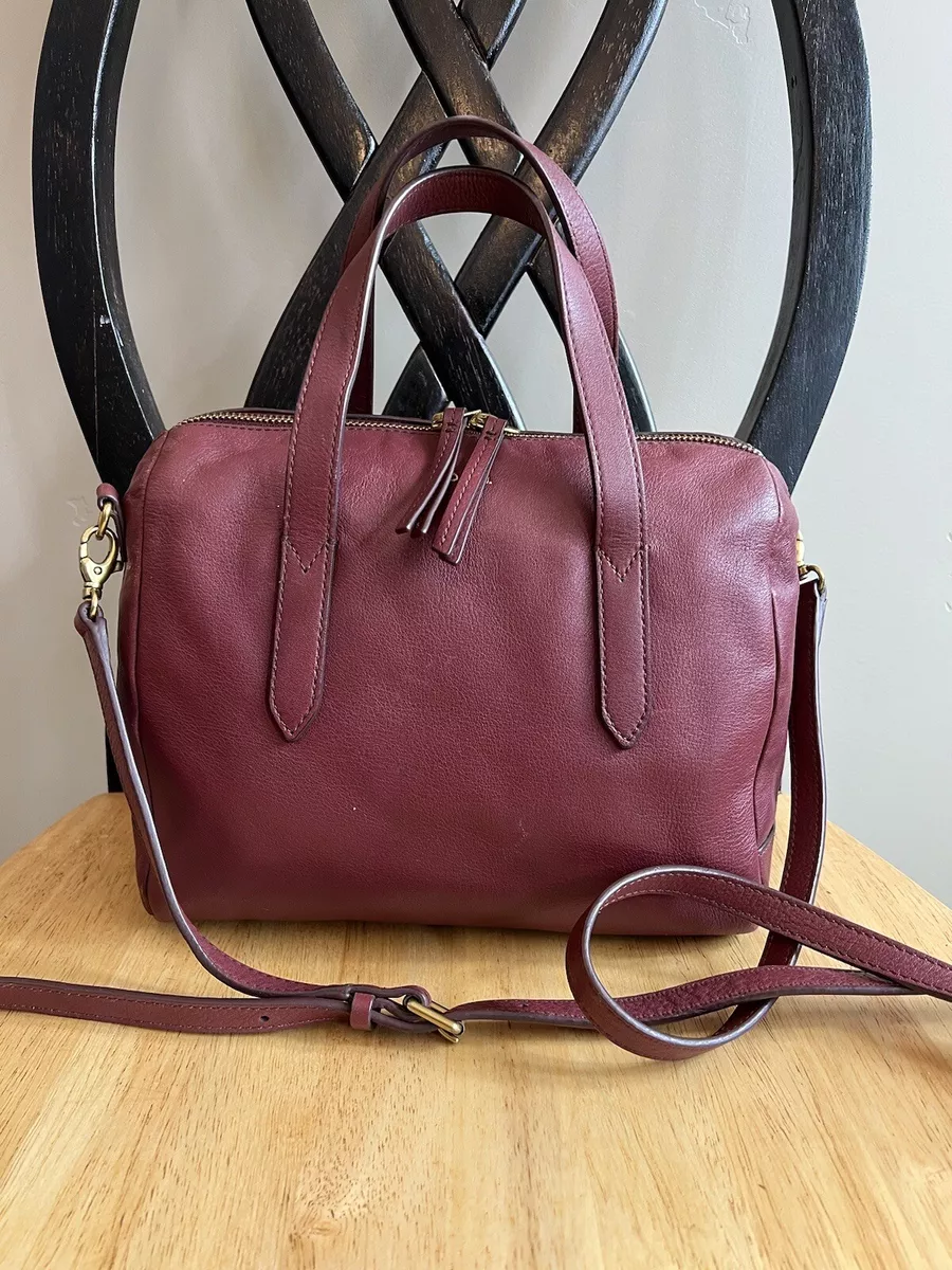 FOSSIL SYDNEY Raisin Leather Satchel Handbag Crossbody Purse Burgundy Maroon