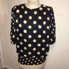 Vintage Louis Feraud Black  Cream Polka Dot Print 100 Silk Blouse Top Shirt 12