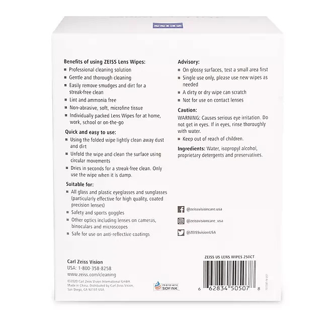 ZEISS PreMoistened Eyeglass Lens Cleaning Wipes (250 ct.) eBay