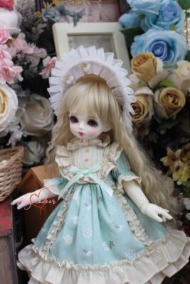 Lolita Fresh Flowers Dress+Bonnet Cyan+White for Blythe 1/6 1/4 1/3 BJD Doll B&G