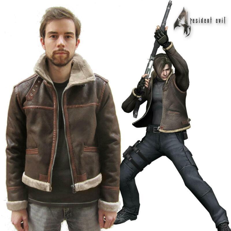 HOT RESIDENT EVIL 4 LEON KENNEDY'S Faux Pleather Fur Brown Jacket