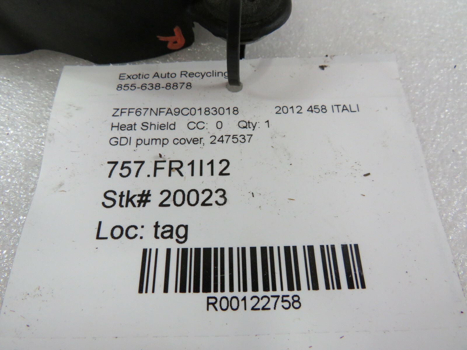 Ferrari 458 Italia, Fuel Pump Cover Heat Shield, Used, P/N 247537