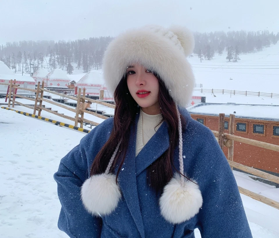 Women Real Mink Fur Hat Beanie Skull Cap Bucket Hat W Real Fox Fur Scarf Collar - Image 2 of 4