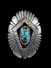 LARGE NAVAJO MARITA BENALLY TURQUOISE SHADOWBOX STERLING SILVER RING SIZE 8