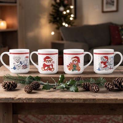 Vintage Sango Christmas Bears Mug Set of 4 - NWOB Unused - Holiday Teddy Bears