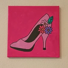 Handmade Pink High Heel Pumps Acrylic Painting On Canvas Wall Decor 10x10"