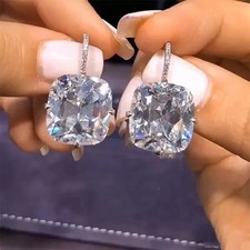 Square Shape Big Stone AAA Crystal 925 Sterling Silver Women Stud Drop Earrings