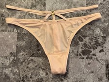 NWT VICTORIA'S SECRET NUDE SATIN SMOOTH STRAPPY GOLD HARDWARE THONG PANTIES