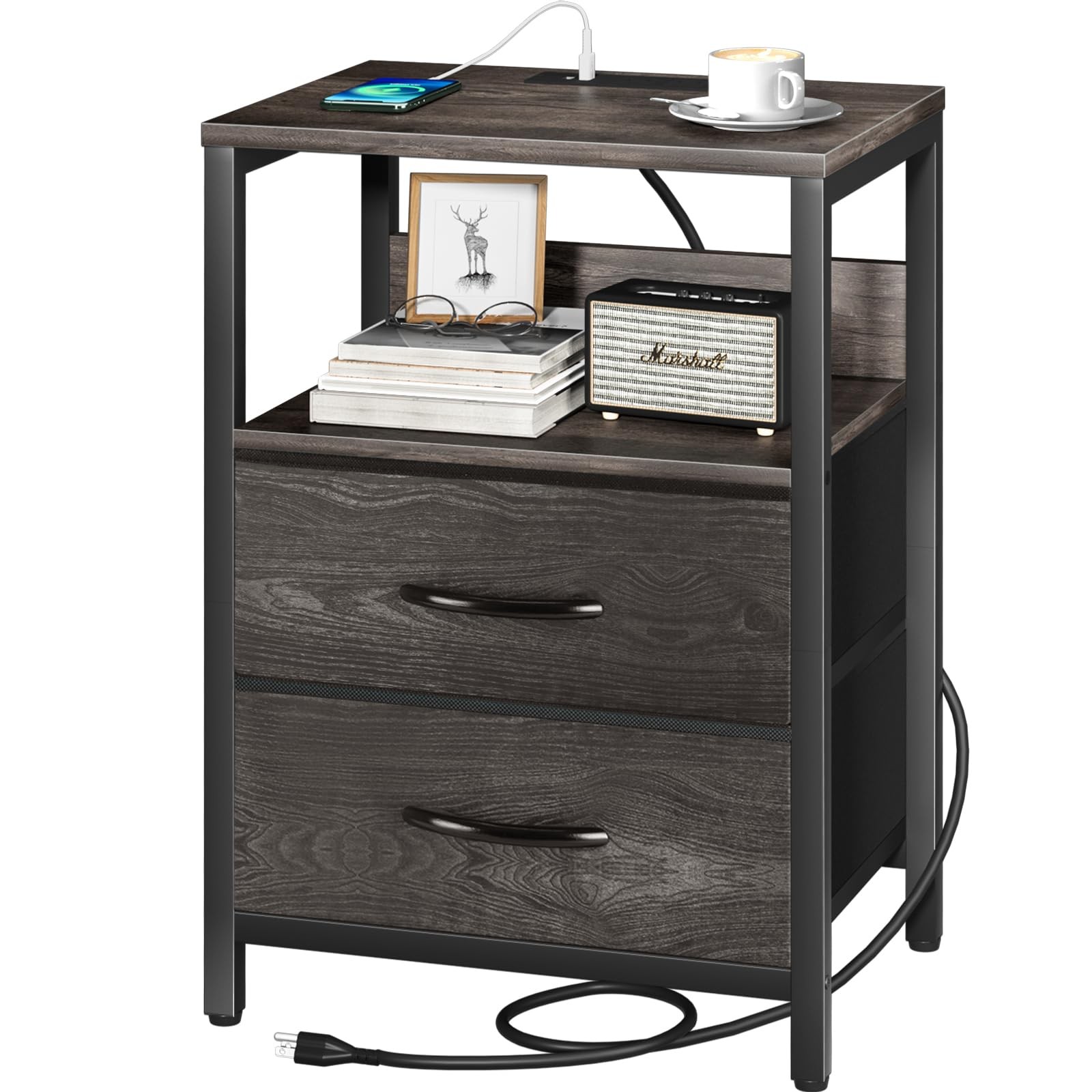 Compact Nightstand with USB Charging & Fabric Drawers-image
