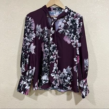 Natori Purple Floral Neck Tie Button Down Blouse