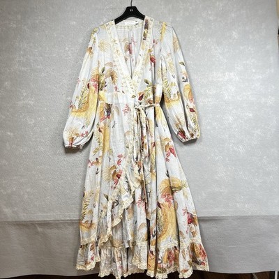 Zimmermann Dress Women s Size 4 Ascension Cotton Floral  Ducks Midi Wrap Dress