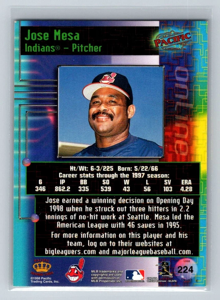 1998 Pacific Online Web Cards #224 Jose Mesa Cleveland Indians Baseball Card - Image 2 of 2
