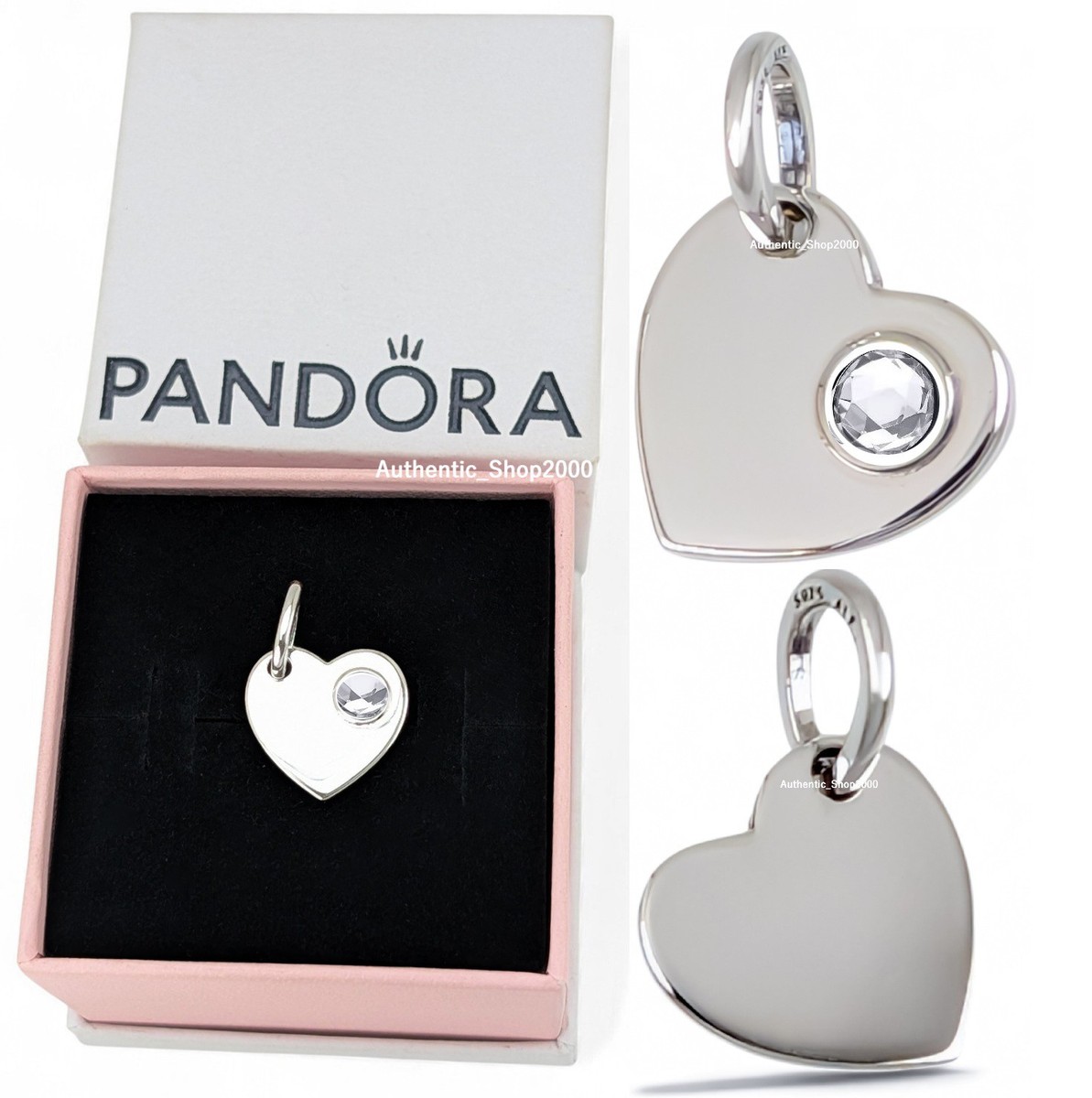 PANDORA ハートチャーム　シルバー925 New 100% Authentic PANDORA 925 April BirthStone Engravable Heart