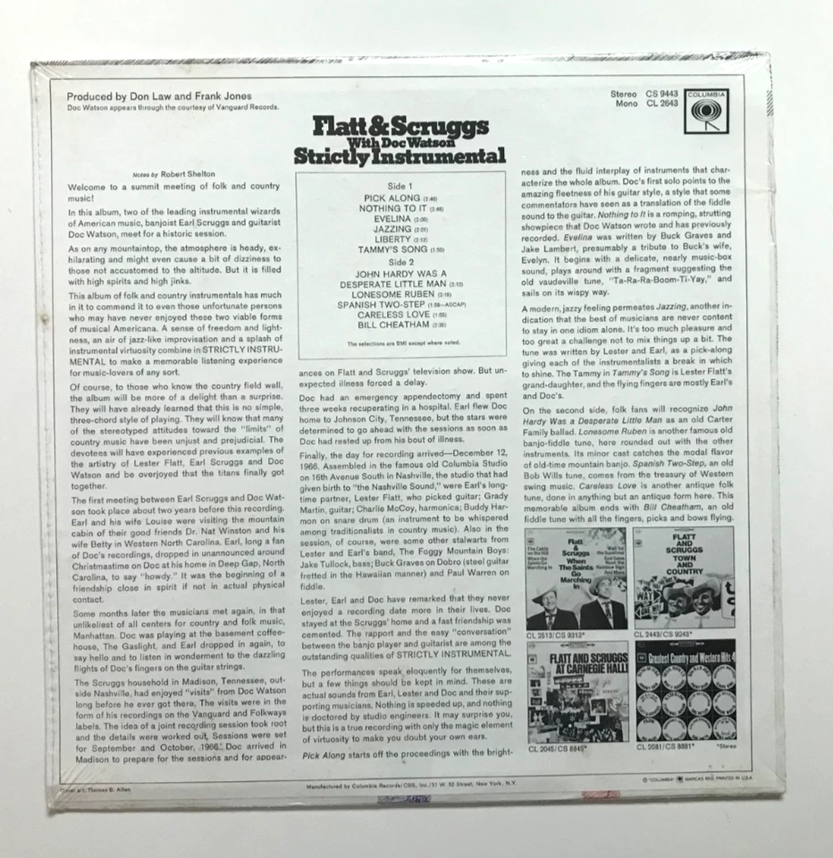 FLATT & SCRUGGS with DOC WATSON: Strictly Instrumental (Vinyl LP  Record Sealed) - Image 3 of 3