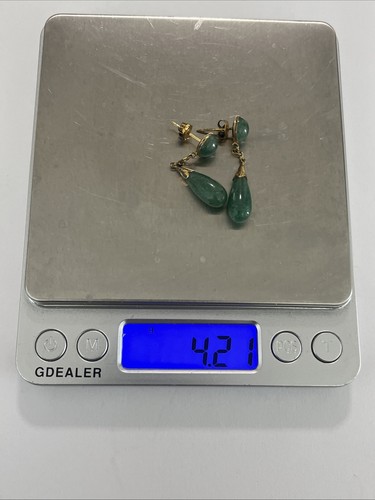 Rare Antique Victorian 14k Gold Jade Tear Drop post Earrings - Picture 7 of 13