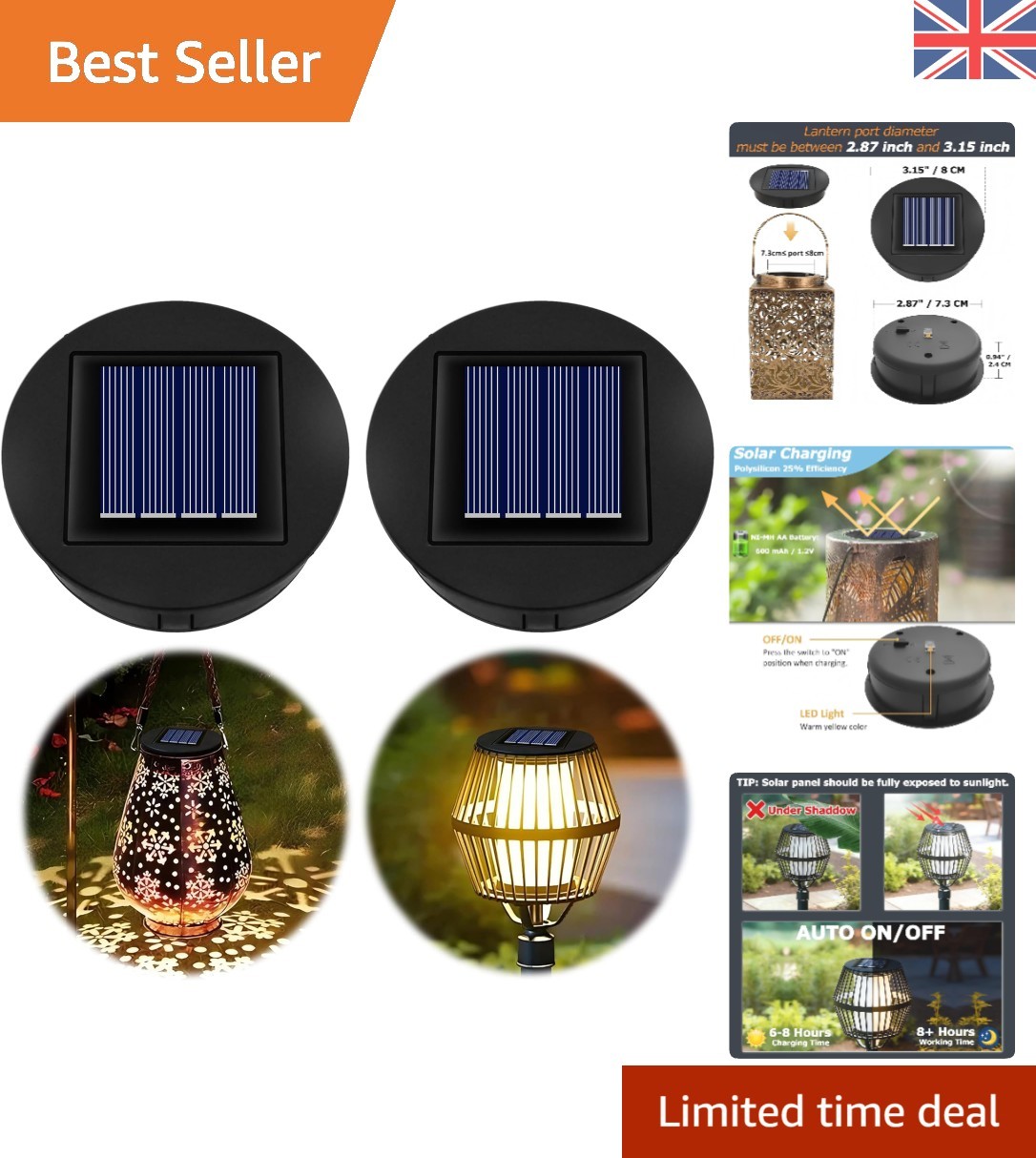 8cm LED Solar Light Replacement Tops| 600mAh Battery - Perfect for Lanterns