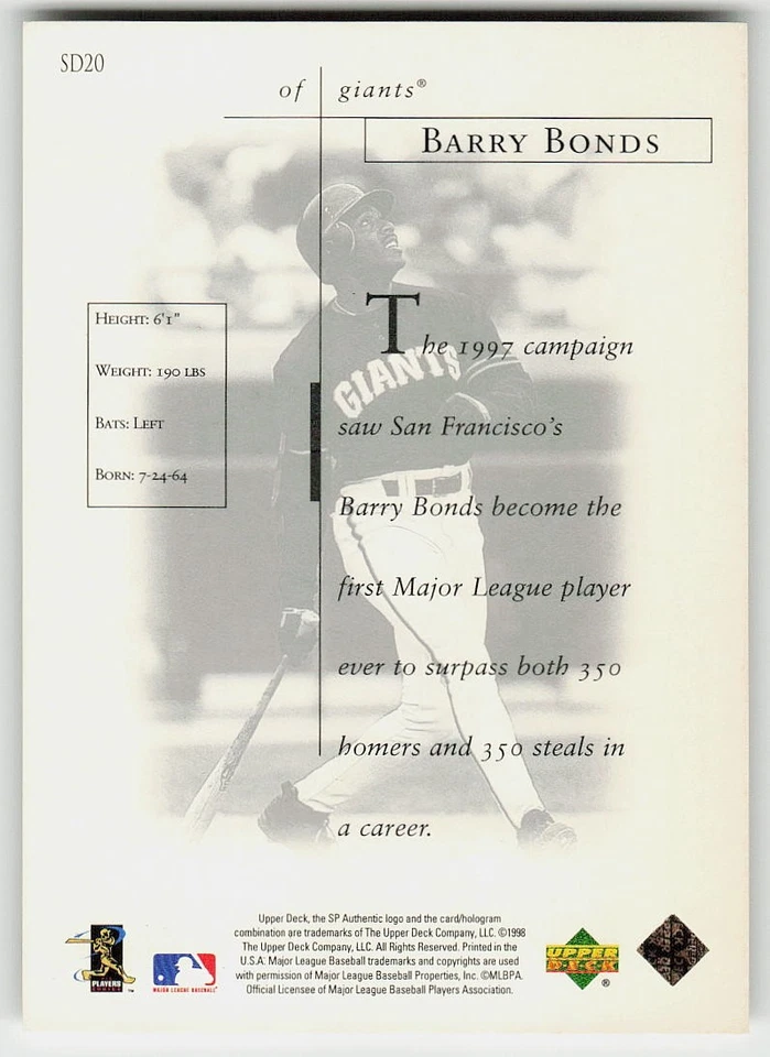 1998 SP Authentic #SD20 Barry Bonds BASEBALL San Francisco Giants - Image 2 of 2