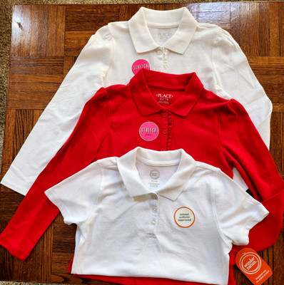 3 GIRL'S UNIFORM SHIRTS 1 White SS 1 Red LS,  1 White LS.   Size 7-8, NEW