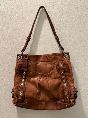 B. Makowsky bag. Cognac brown, croc-embossed leather exterior. leopard print.