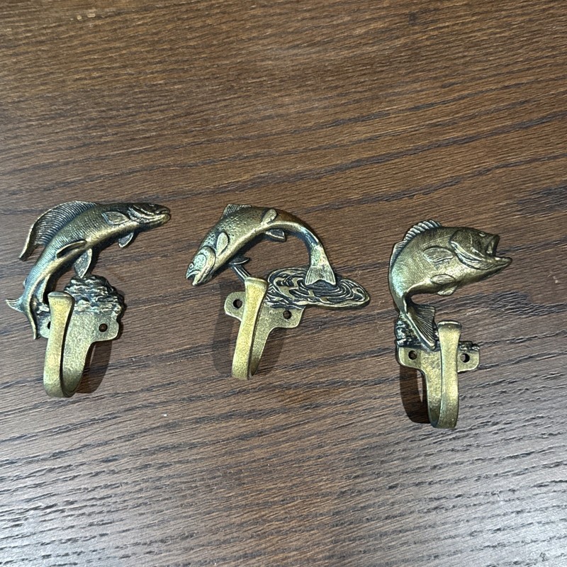 Vintage Brass Fish Hooks  Set Of 3 wall Mount Multipurpose New/Unused