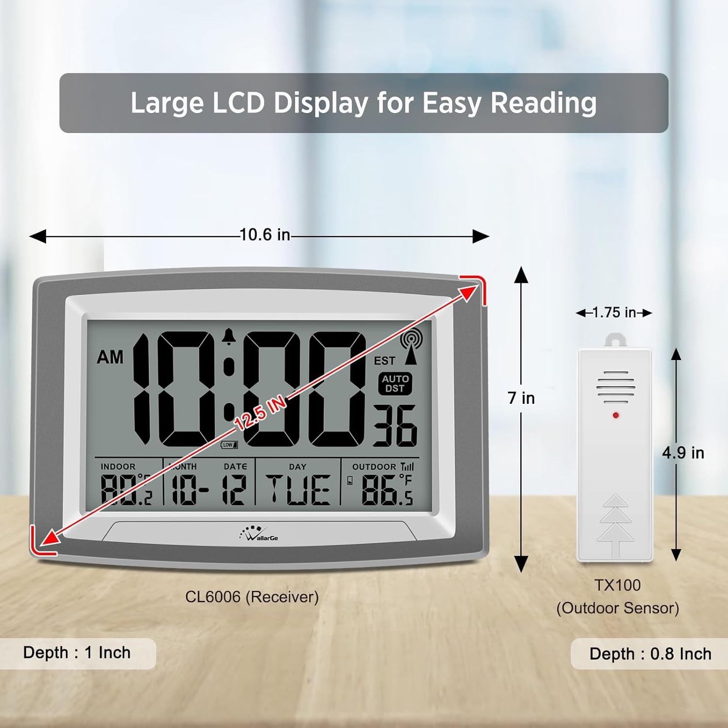 WallarGe Atomic Clock with Outdoor and Indoor Temperature - 12.5 Inch Self-Setti