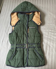 Loft Green Hooded Long Puffer Waistcoat Gilet Belted Zip Pockets Size S