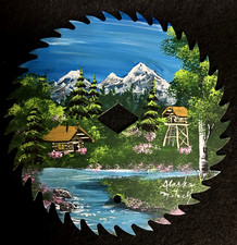 Hand Painted Signed METCALF Alaska Mountains  Cabin Circular Saw Blade 7.25"D