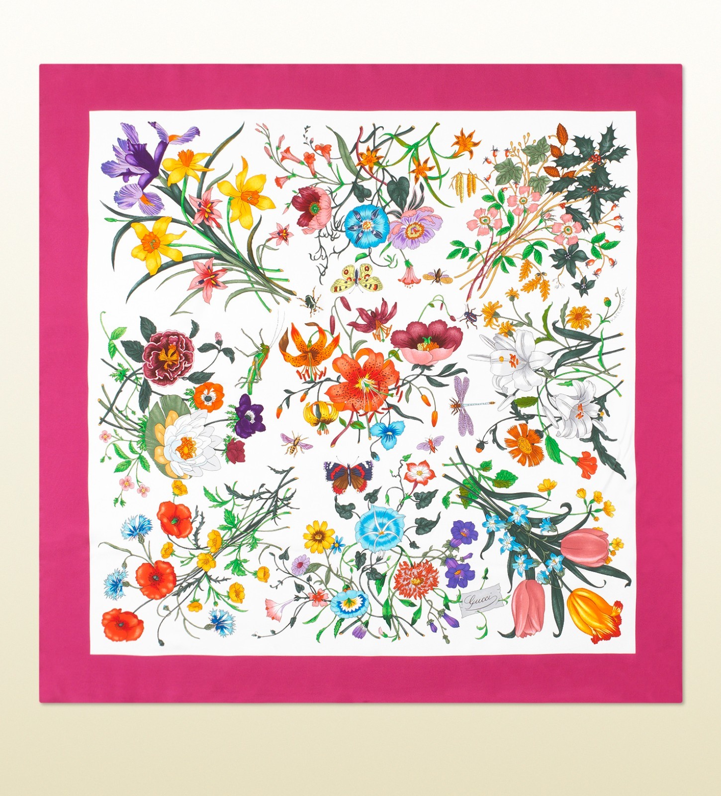 New Gucci Multicolor Flora Silk Scarf Pink Border Wrap with Gucci Gift Box