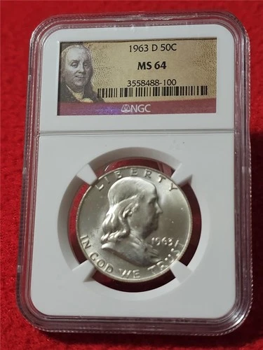 1963-D UNC FRANKLIN SILVER HALF DOLLAR   NGC MS 64                        #T1107