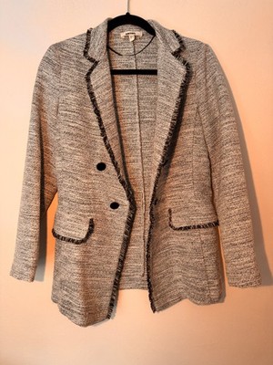 Koton Women s Tweed Blazer Jacket Size 34 UK 6   Grey Black Textured Frayed Edge