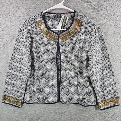 Chelsea & Theodore Navy White Chevron Embellished Jacket Medium NWT $138