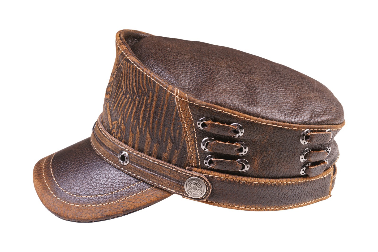 Brown Leather Scull Cap Biker Aviator Army Steampunk style with Winged Design