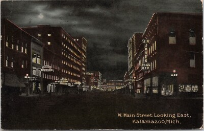 #ad #ad Postcard Main Street Looking West at Night Kalamazoo Michigan Posted 1914 $3.75