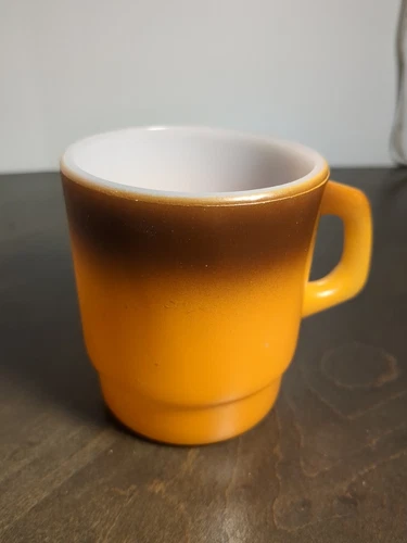 Vintage Anchor Hocking Fire King Coffee Mug Milk Glass Cup Orange Brown Fade 