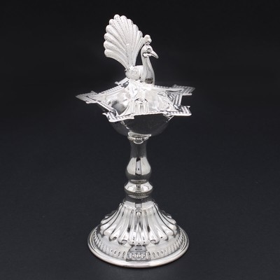 Peacock Diya Lamp Pure 925 Silver Hindu Religion For Worship Pure Silver