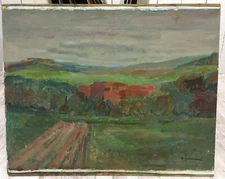 Landscape OIL signature Gutmann? Sky cloud fields tree valley vegetable garden farm