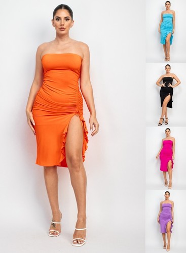 Women's Bodycon Ruched Ruffled Tube Slit Strapless Midi Dress - 第 1/31 張圖片
