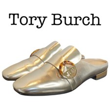 Tory Burch Sidney Silver Metallic Leather Slides Loafers Size 8