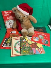 24" Caltoy TOPCO Plush CHRISTMAS BEAR & 7 Christmas books - mostly Vintage