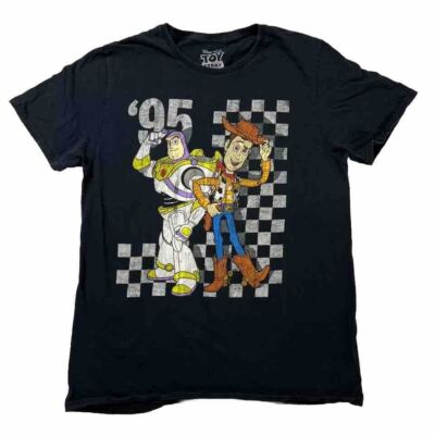 DISNEY Toy Story Tee Medium Buzz Light year Woody Unisex Black T-Shirt Crew Neck