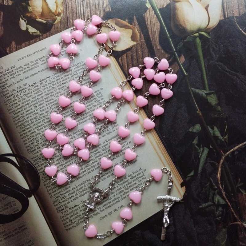 Pink Heart Rosary Bead Necklace Long Christ for Pendant For Women